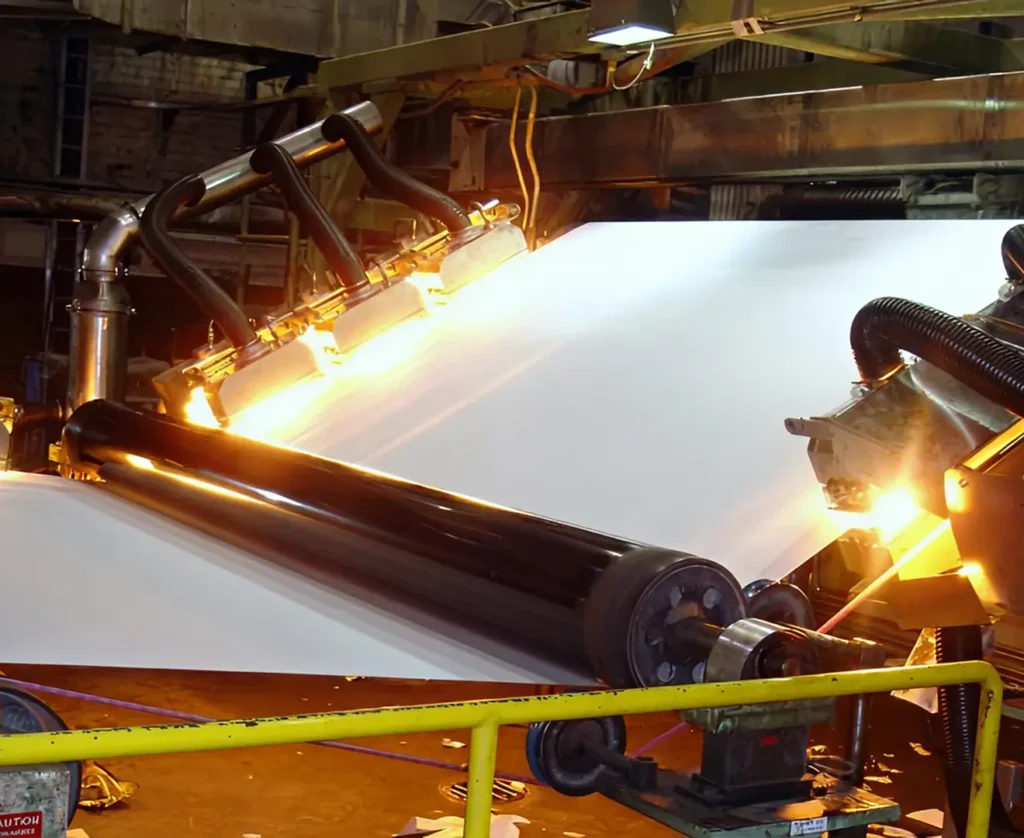 Infrared drying system heating a moving sheet in an industrial production line