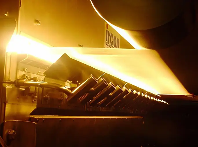 Close-up of an IR drying system with radiant heaters