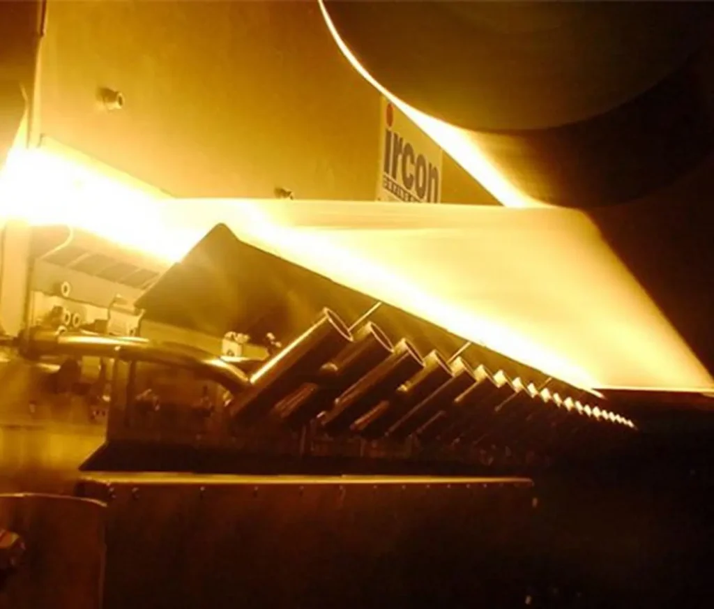 Close-up of an IR drying system with radiant heaters