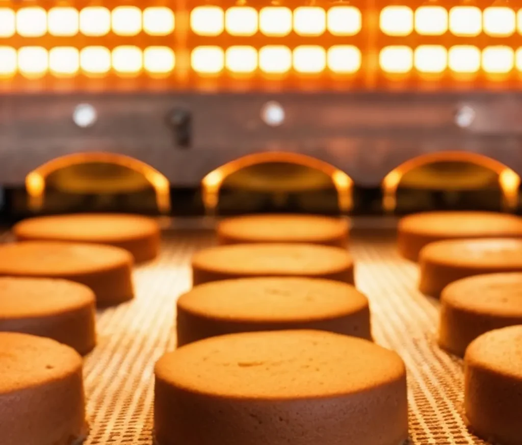 Rows of cheese rounds under infrared heaters in an industrial drying or baking tunnel.