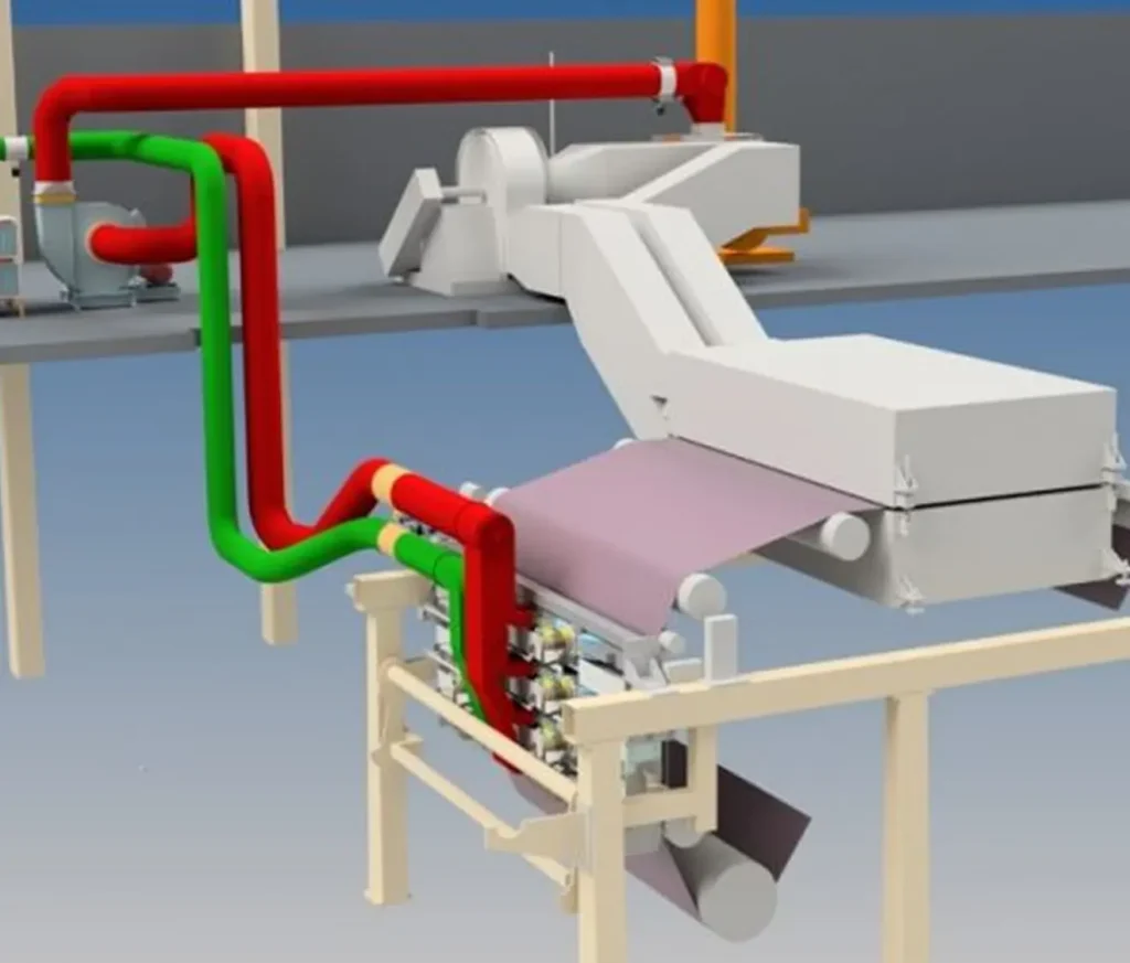 3D model showing airflow pipes and components in an industrial drying process.