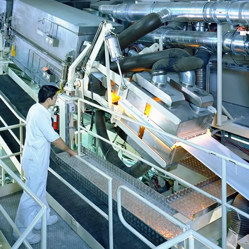 Person standing on a platform overseeing an IR dryer system processing a continuous sheet of material.